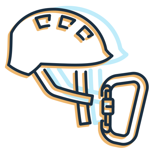 Icon of a rock climbing helmet and carabiner.